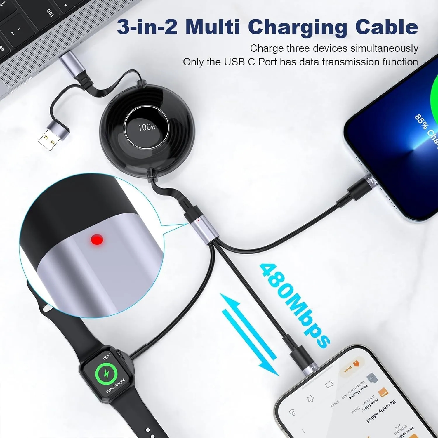 5 in 1 100W Multi Retractable Charging Cable 3
