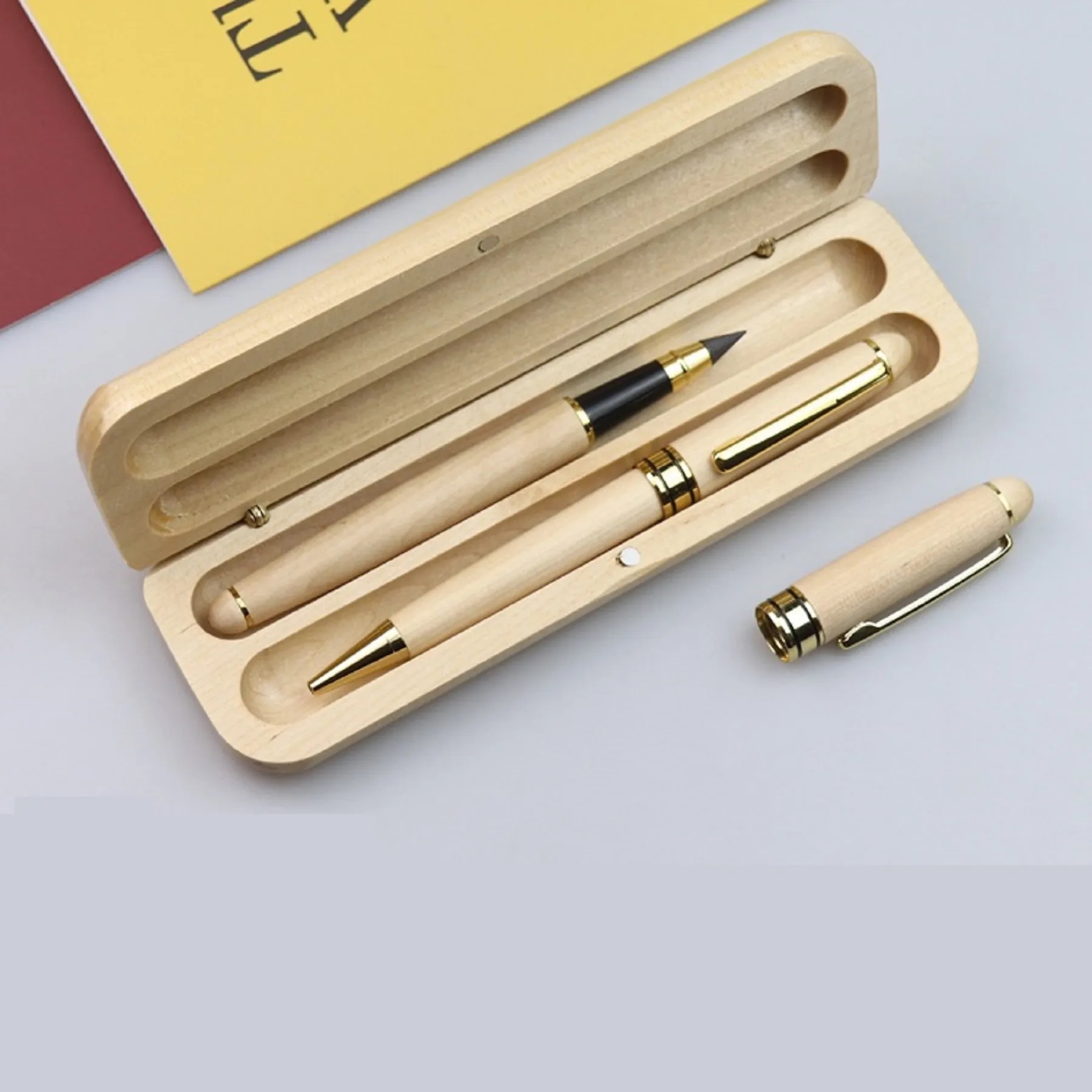 Bamboo Pencil Ballpoint Pen Set with Wood Case 3