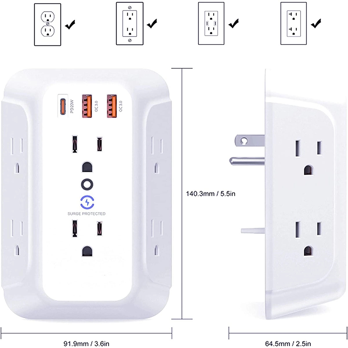 USB Wall Outlet Extender Surge Protector 2