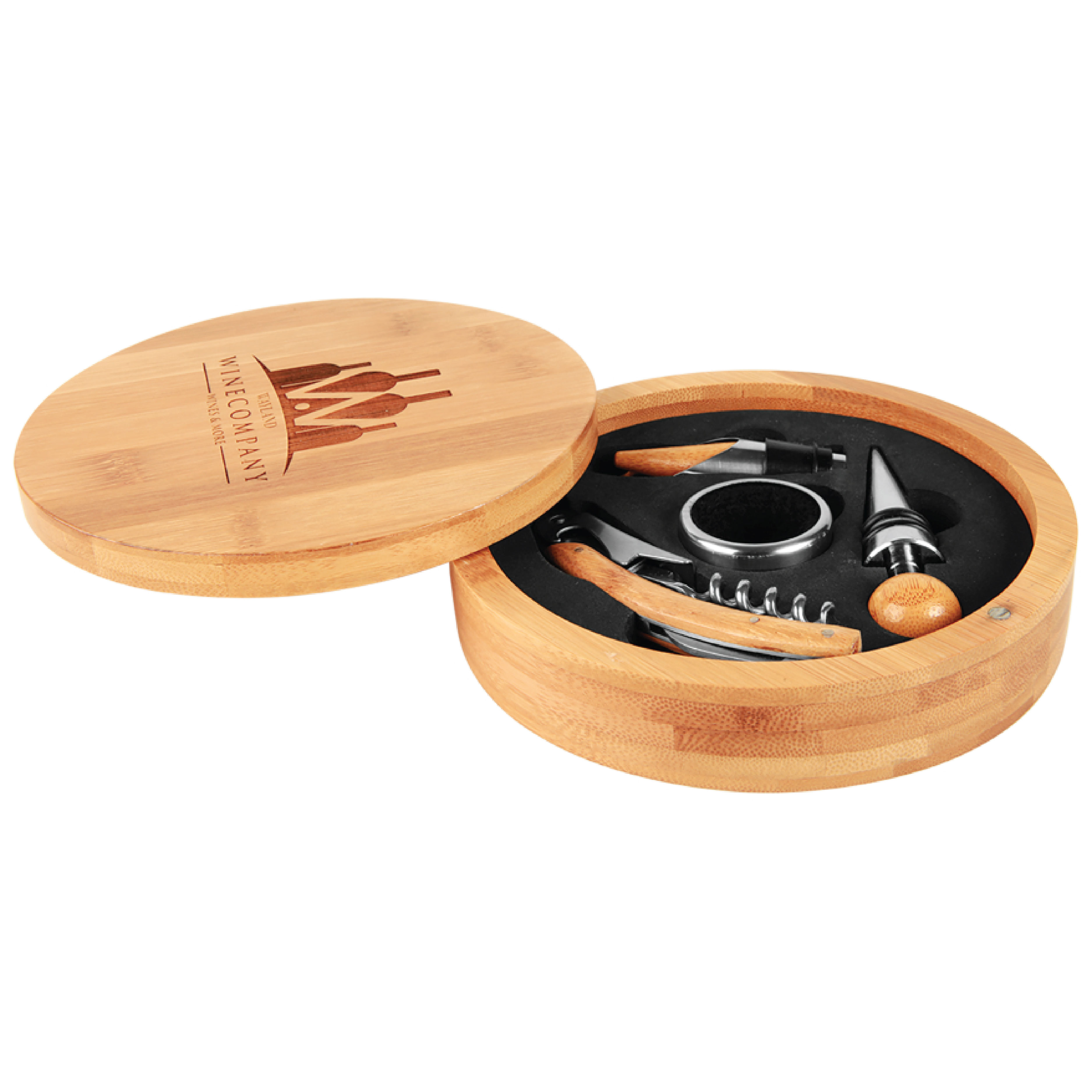 6" Round Bamboo 4-Piece Wine Tool Set 2