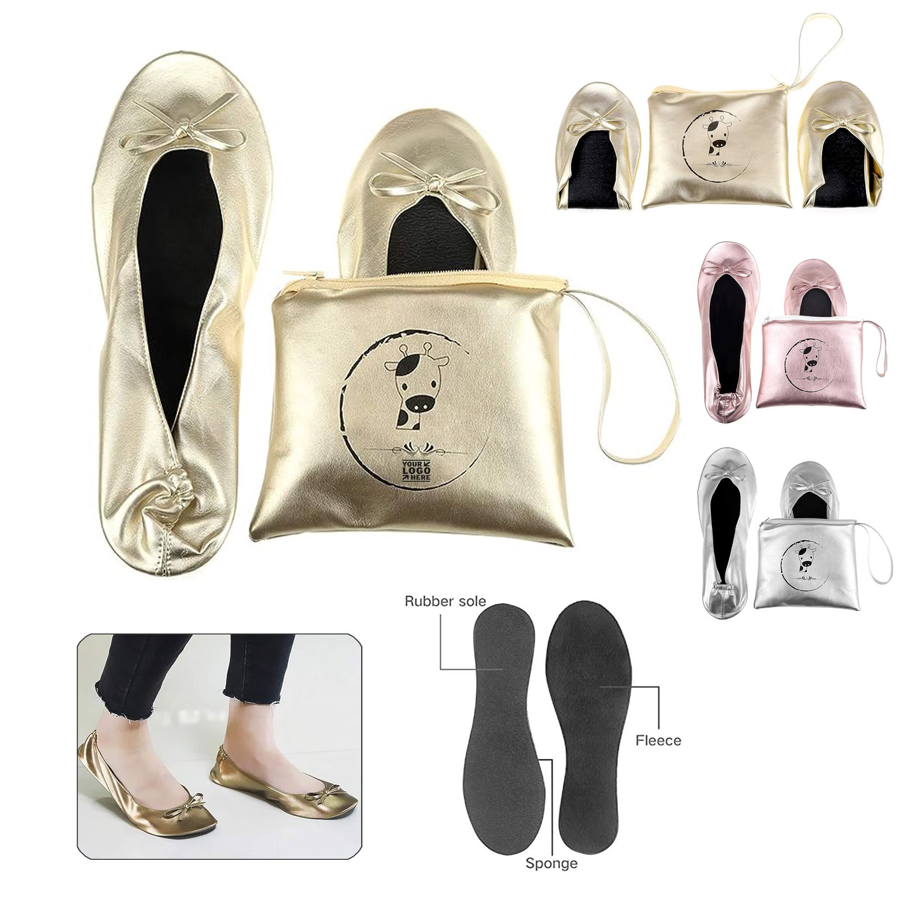 Women's Foldable Portable Travel Roll Up Ballet Flats Shoes with Pouch 2