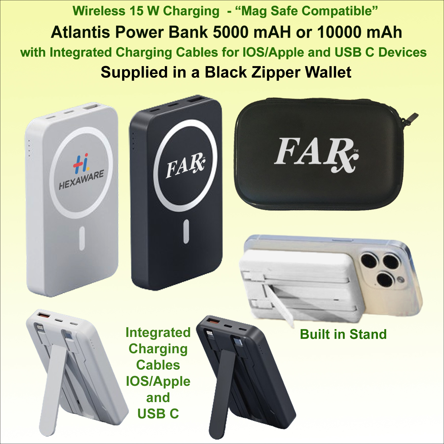 Atlantis Power Bank Integrated Charging Cables 5000 mAh "Mag Safe" In a Black Zipper Wallet 1