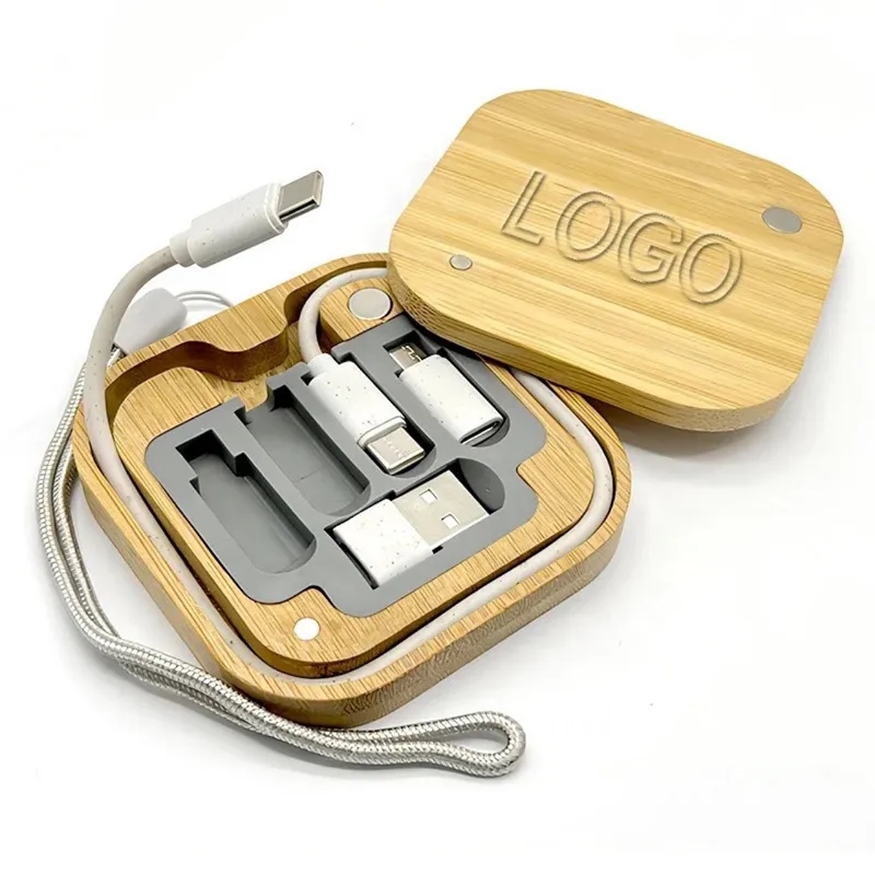 Square Bamboo 4 in 1 Multi-Charging Cable box Connector 4
