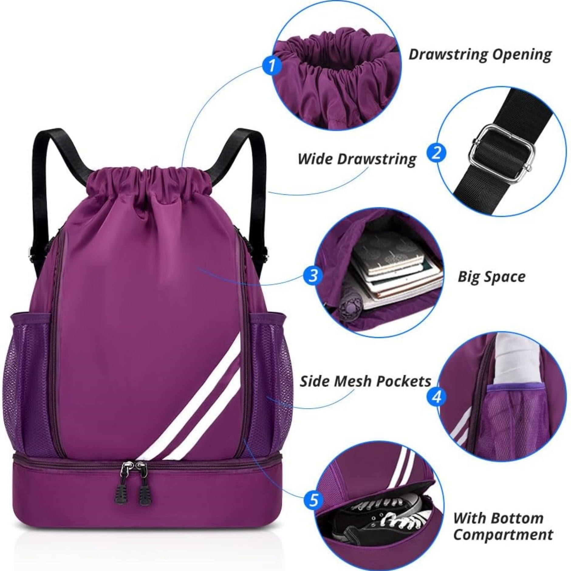 Sports Drawstring Backpack with Shoes Compartment 7