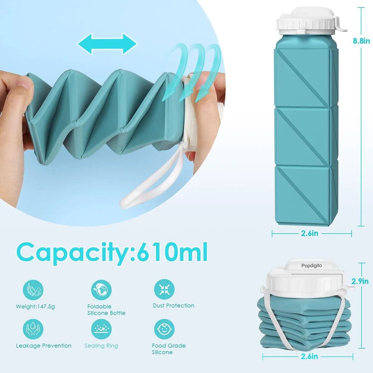 20.7oz Collapsible Water Bottles Leakproof With Straw Lid 3