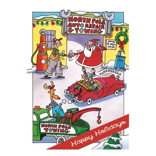 North Pole Repair Humorous Holiday Greeting Card 1