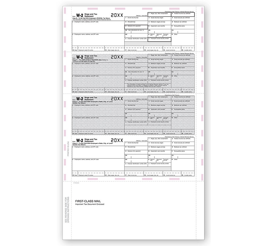 W-2 Tax Forms, 14" 4-Up, Emp Copy, Horiz, Pressure - 500 Sht 1