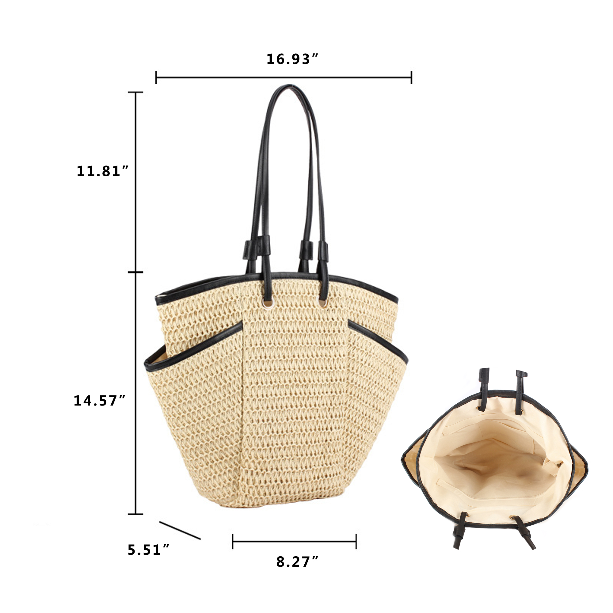 Large Straw Beach Tote with Side Pockets, custom tote bag with logo imprint 3