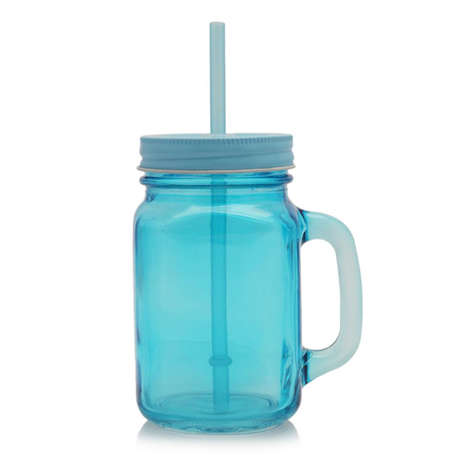 15 oz Colorful Handle Mason Jars with Straw