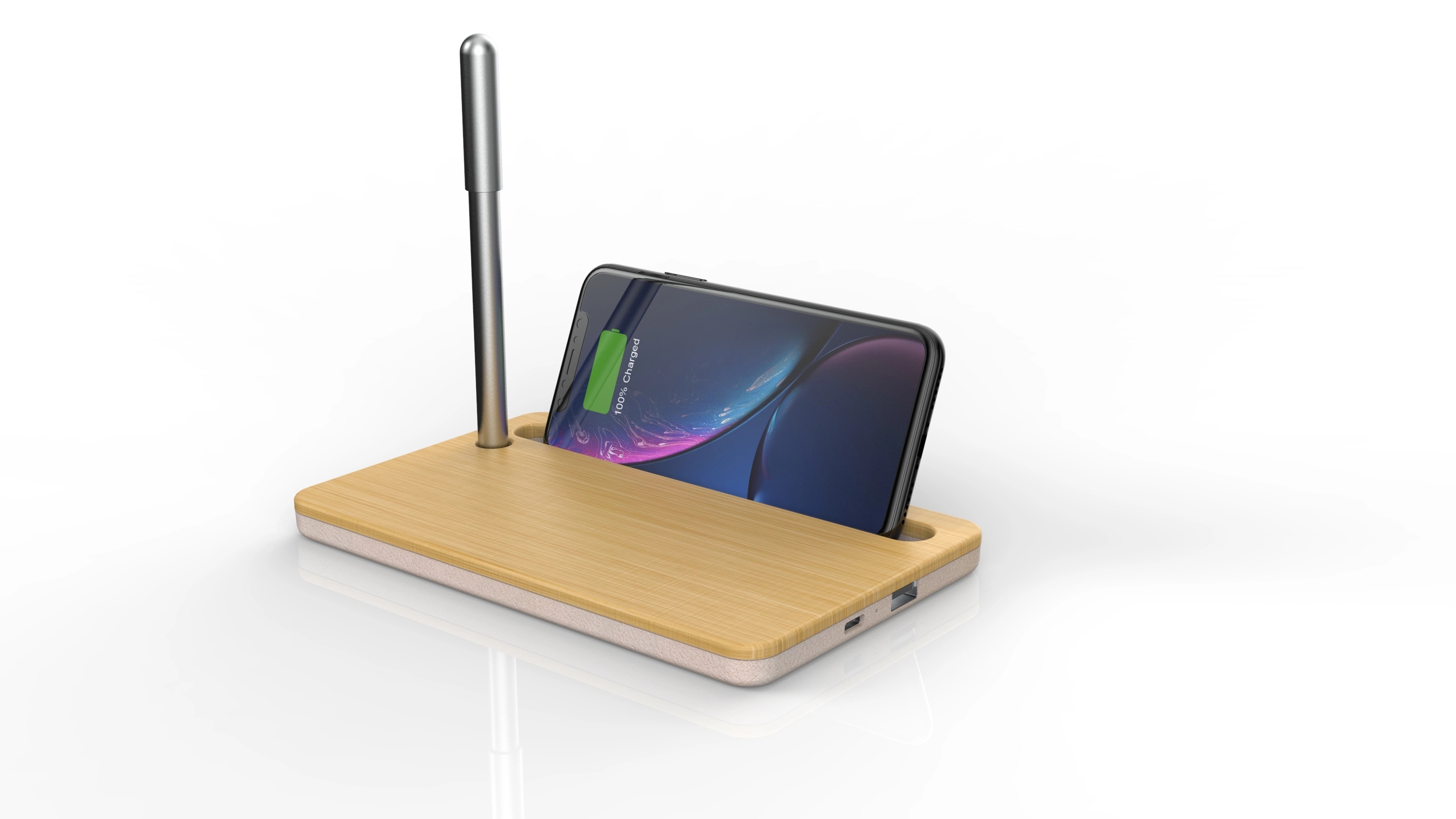 Eco Friendly 3 in 1 Bamboo face Wireless Phone Pen Stand 1