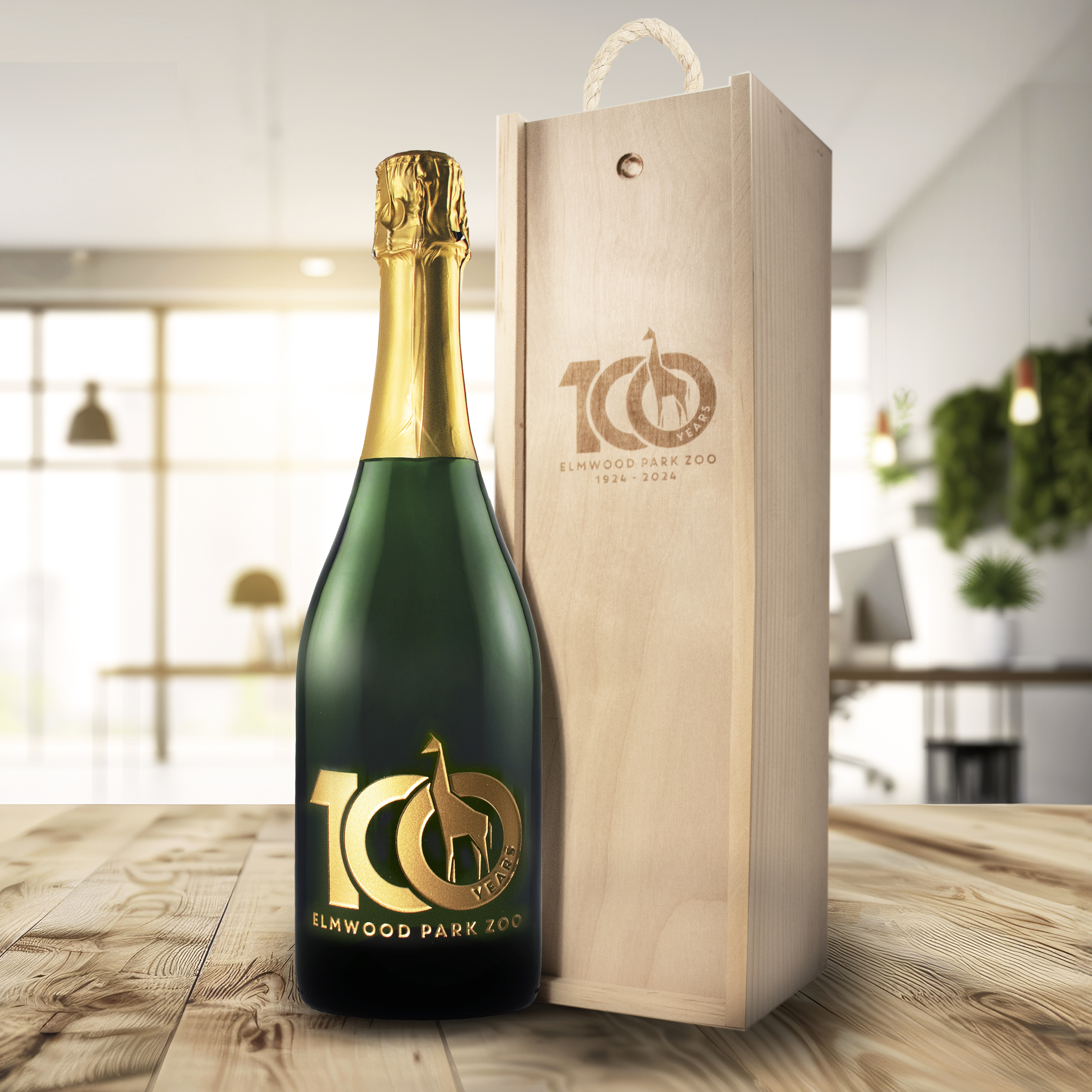 Laser-Engraved Wood Box w/Custom Etched Sparkling Wine Bottle 1