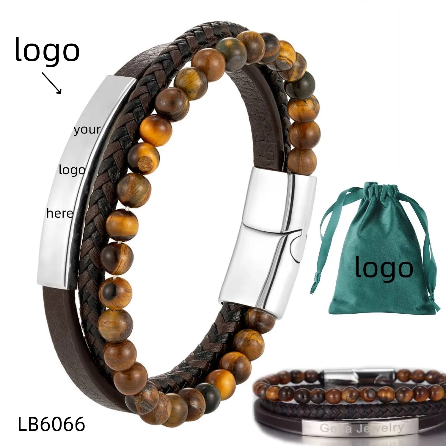 Tiger Eye Bead Men Bracelet Leather Gift for Him 2