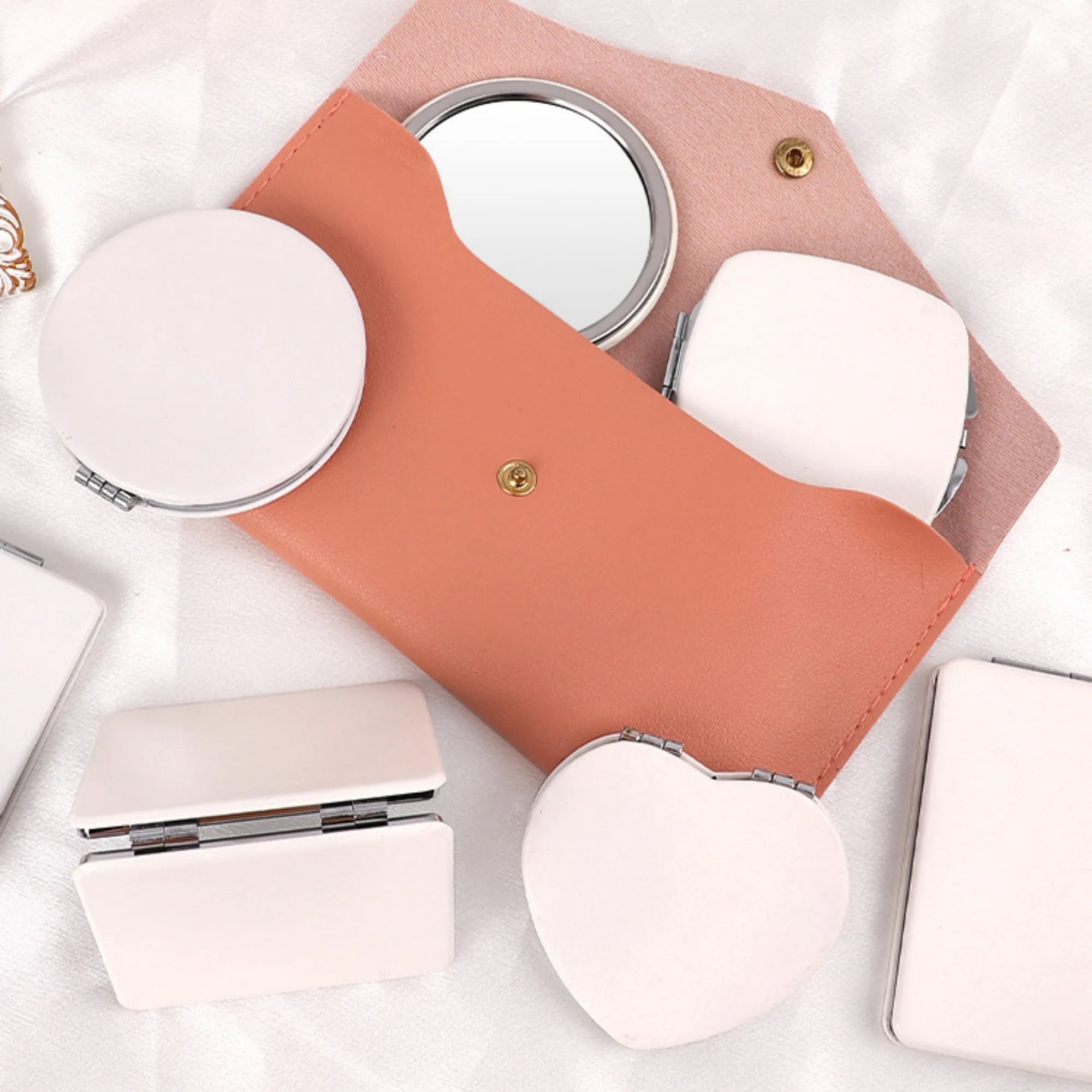 Heart Shaped PU Folding Travel Makeup Compact Mirror 2