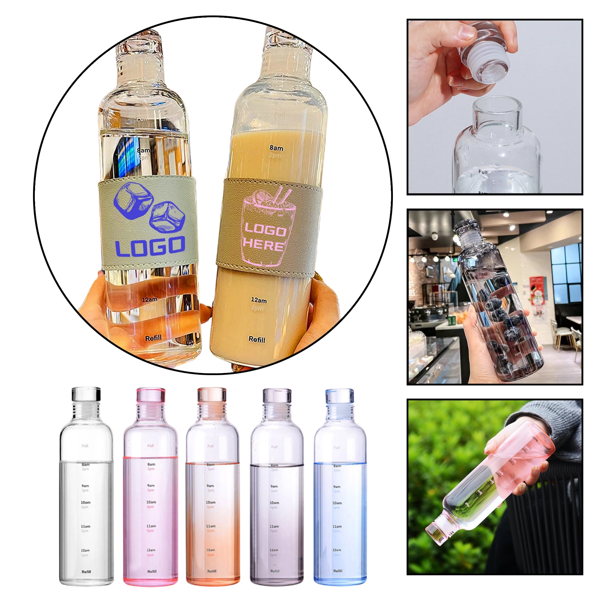Portable Glass Water Bottle  With Time Marker 6