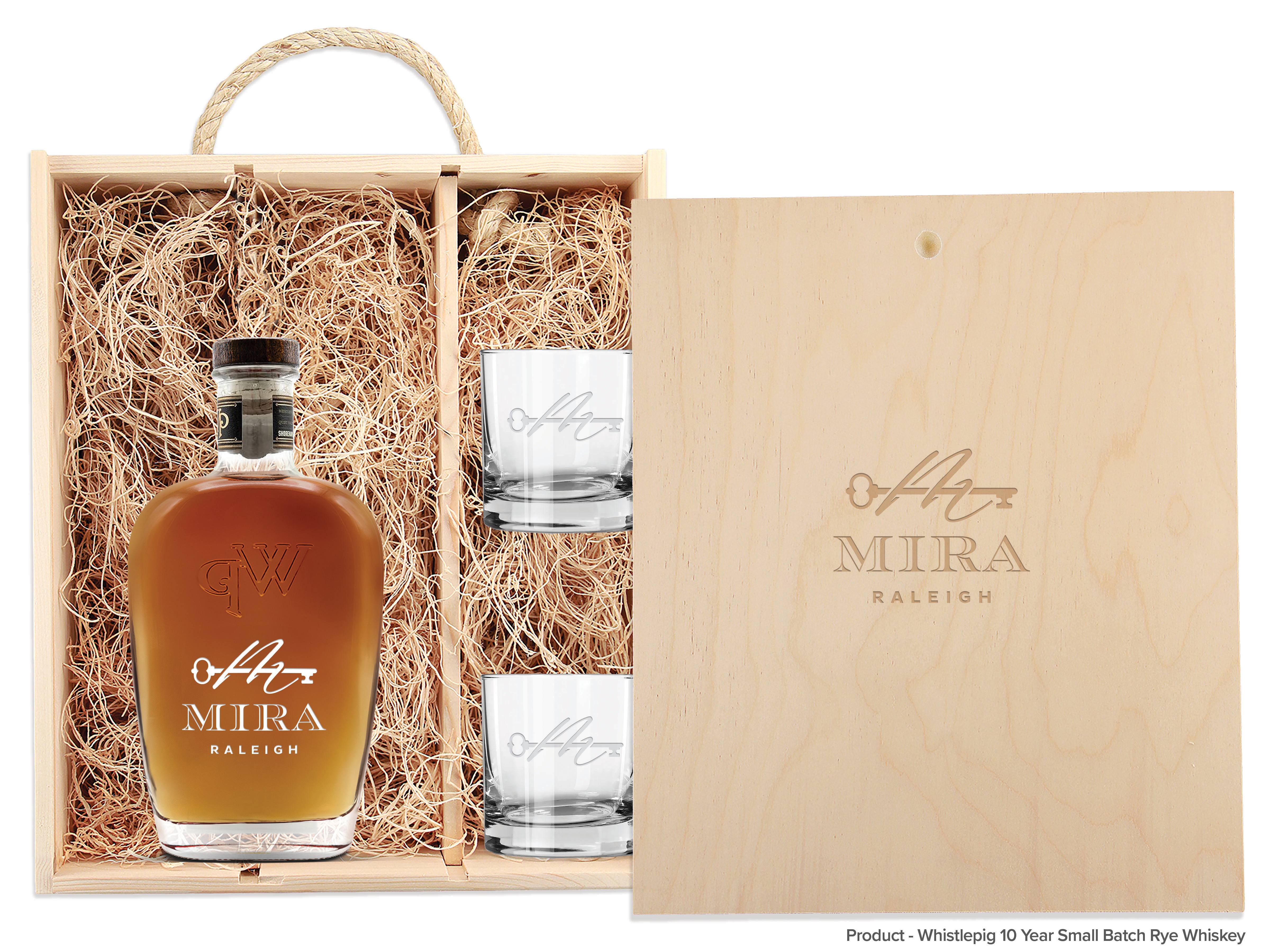 Laser-Engraved Triple Wood Box w/Custom Etched Liquor Bottle + Glasses 1