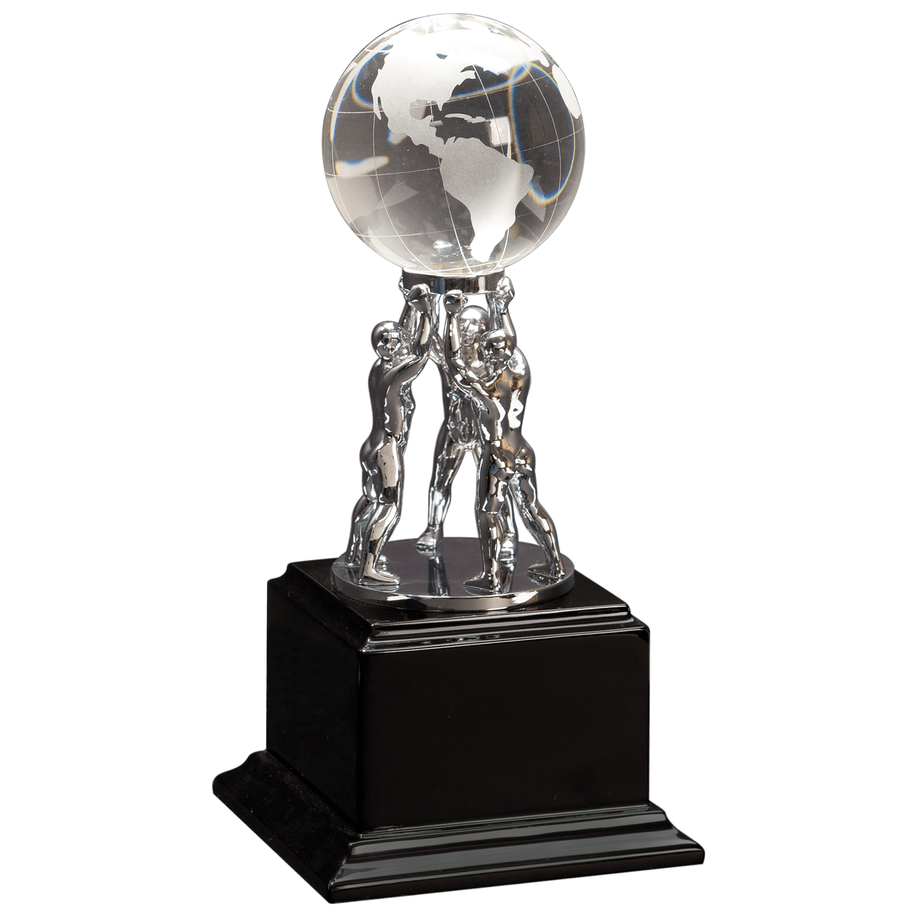 10" Clear Crystal Globe with Silver Men/Stand on Black Piano Finish Base 1