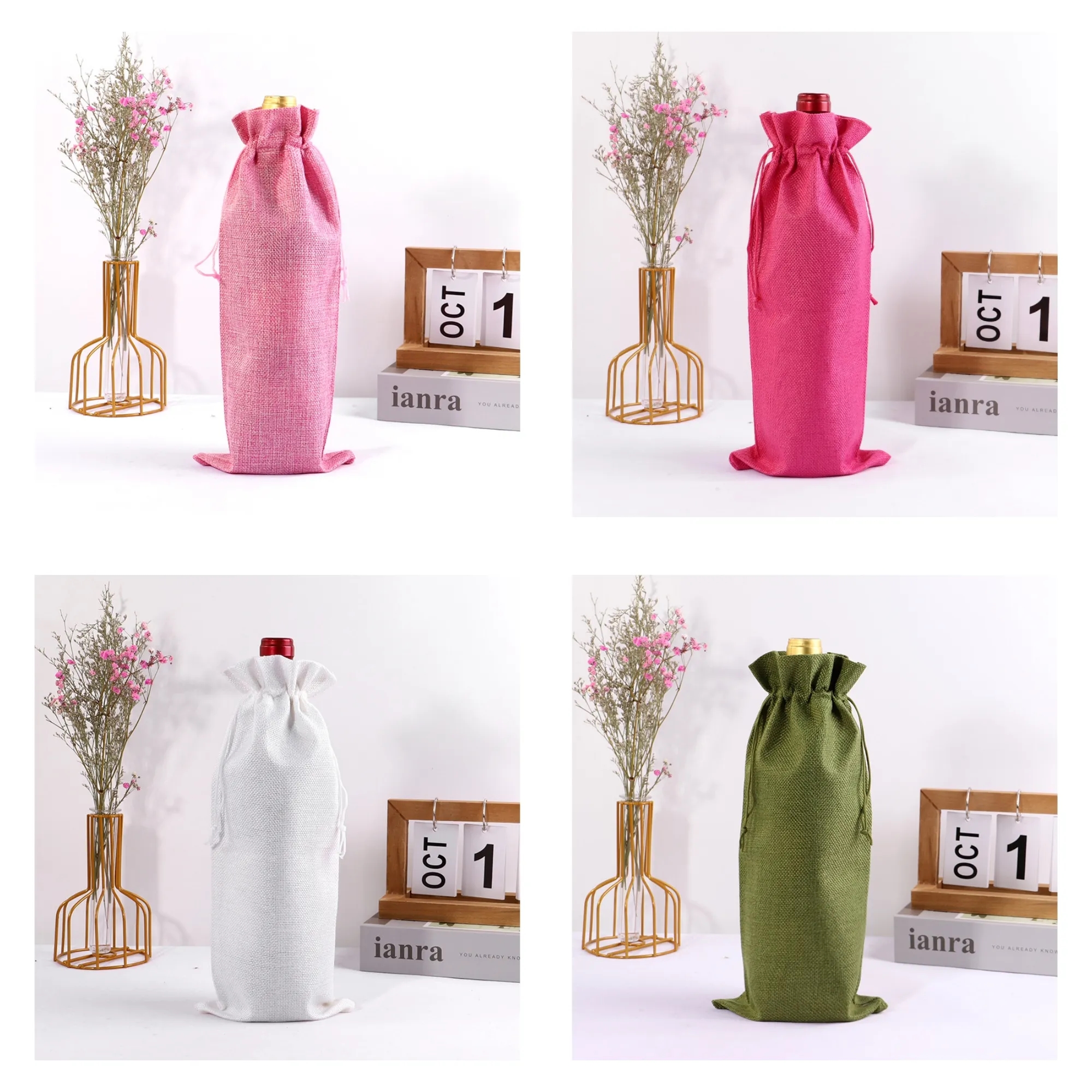 Full Color Drawstring Linen Wine Bottle Bag 5