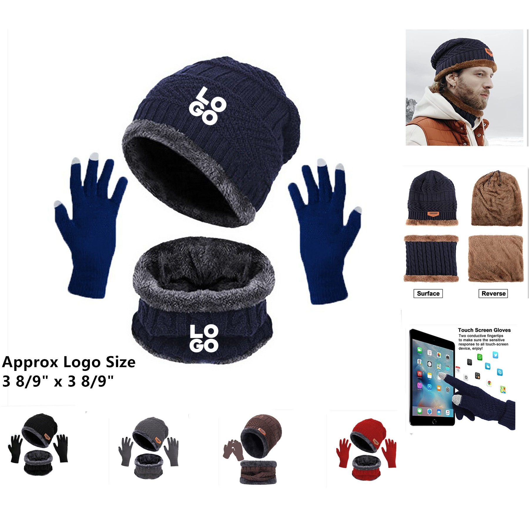 Winter Hat Scarf Touch Screen Gloves Set