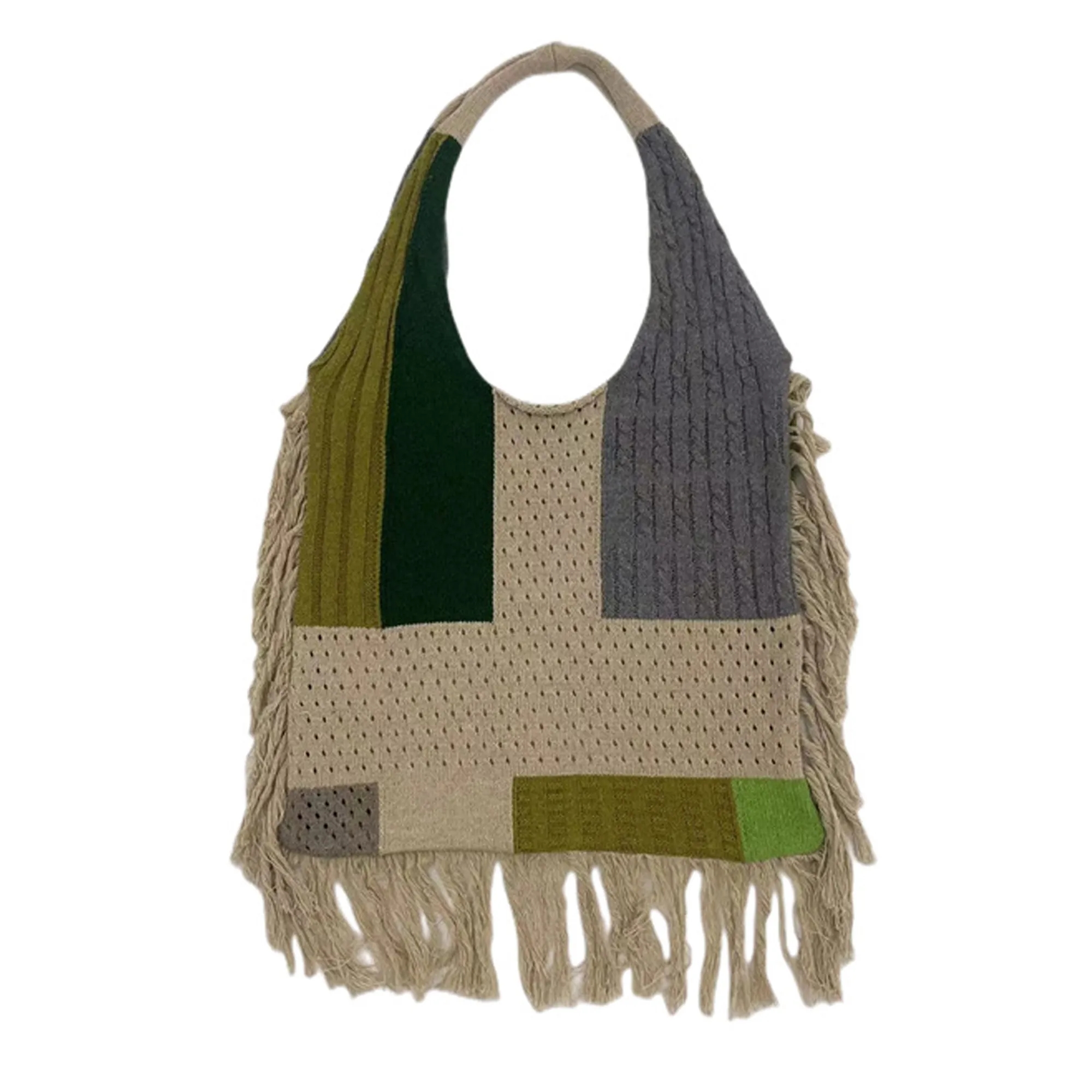 Tassel Patchwork Knitted Tote Bag 2