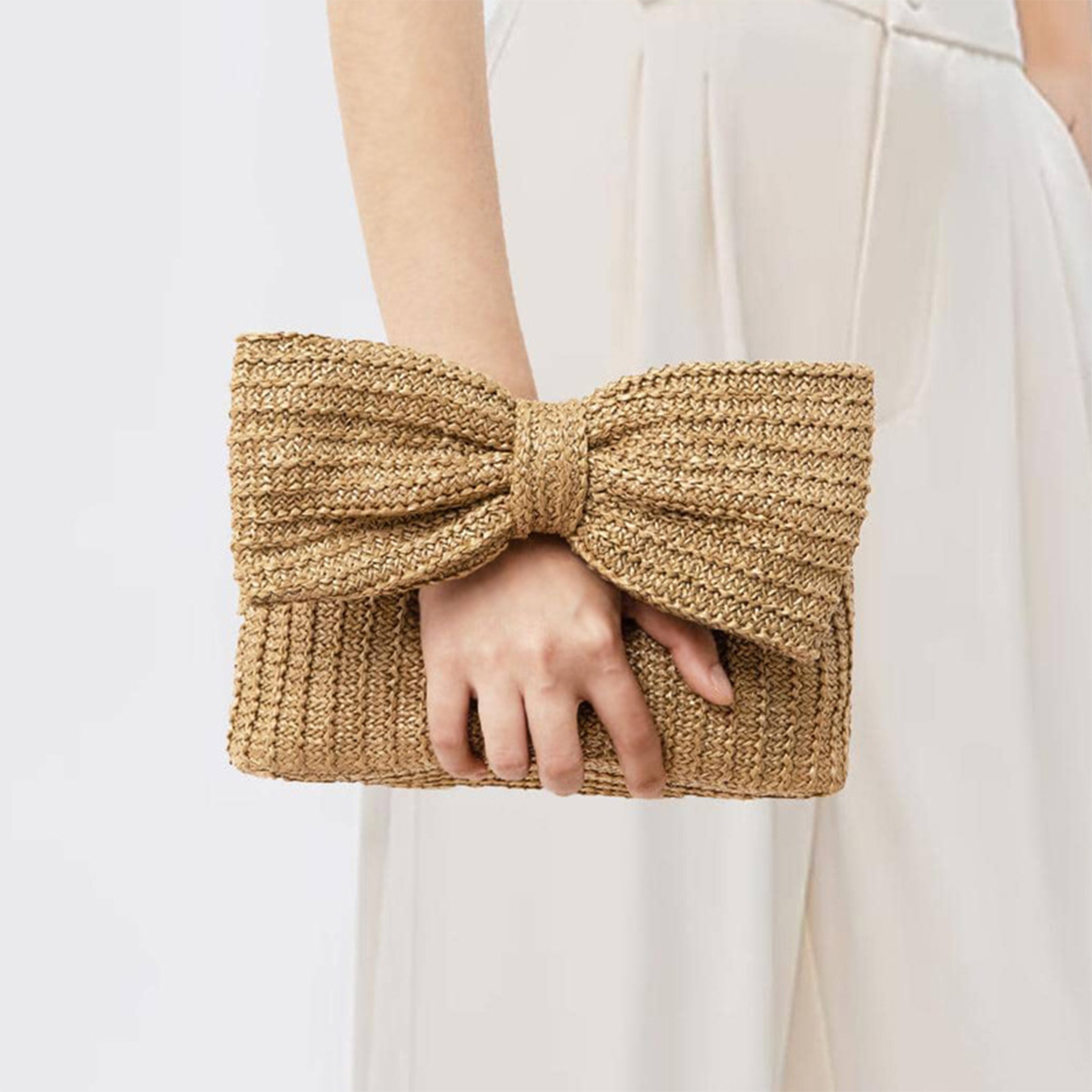Straw Solid Color Bow Handbag 2