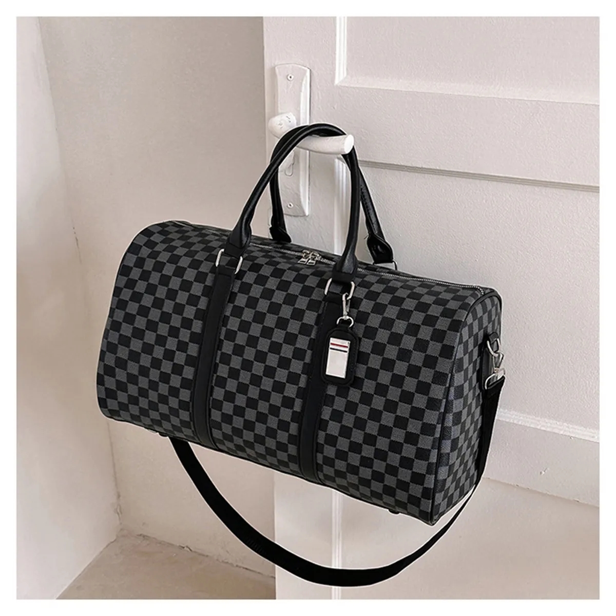 PU Leather Plaid Travel Duffel Bag 7