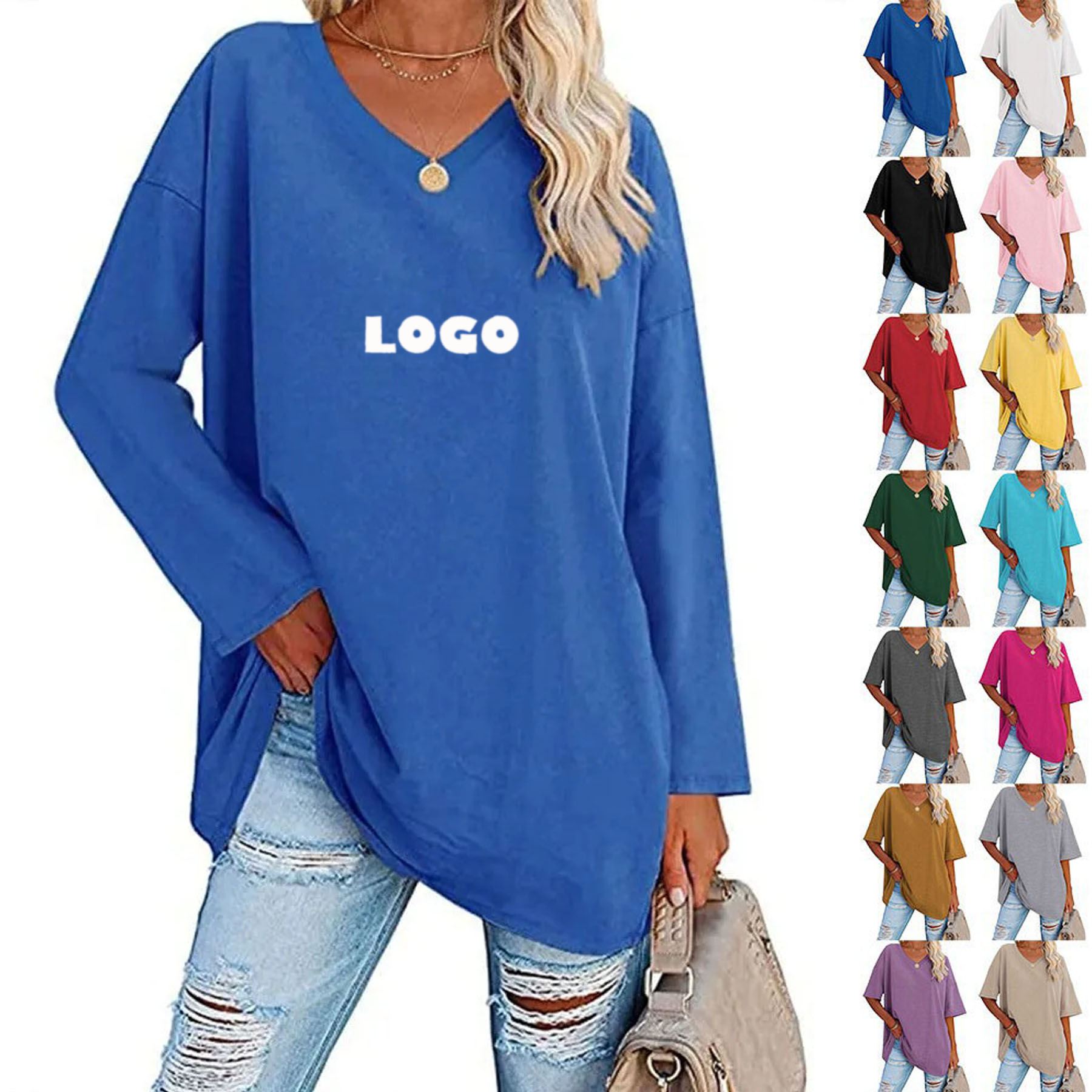 Women Long Sleeve Loose Fit V Neck T Shirt 1