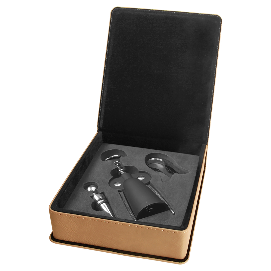Light Brown Leatherette 3-Piece Wine Tool Gift Set 1