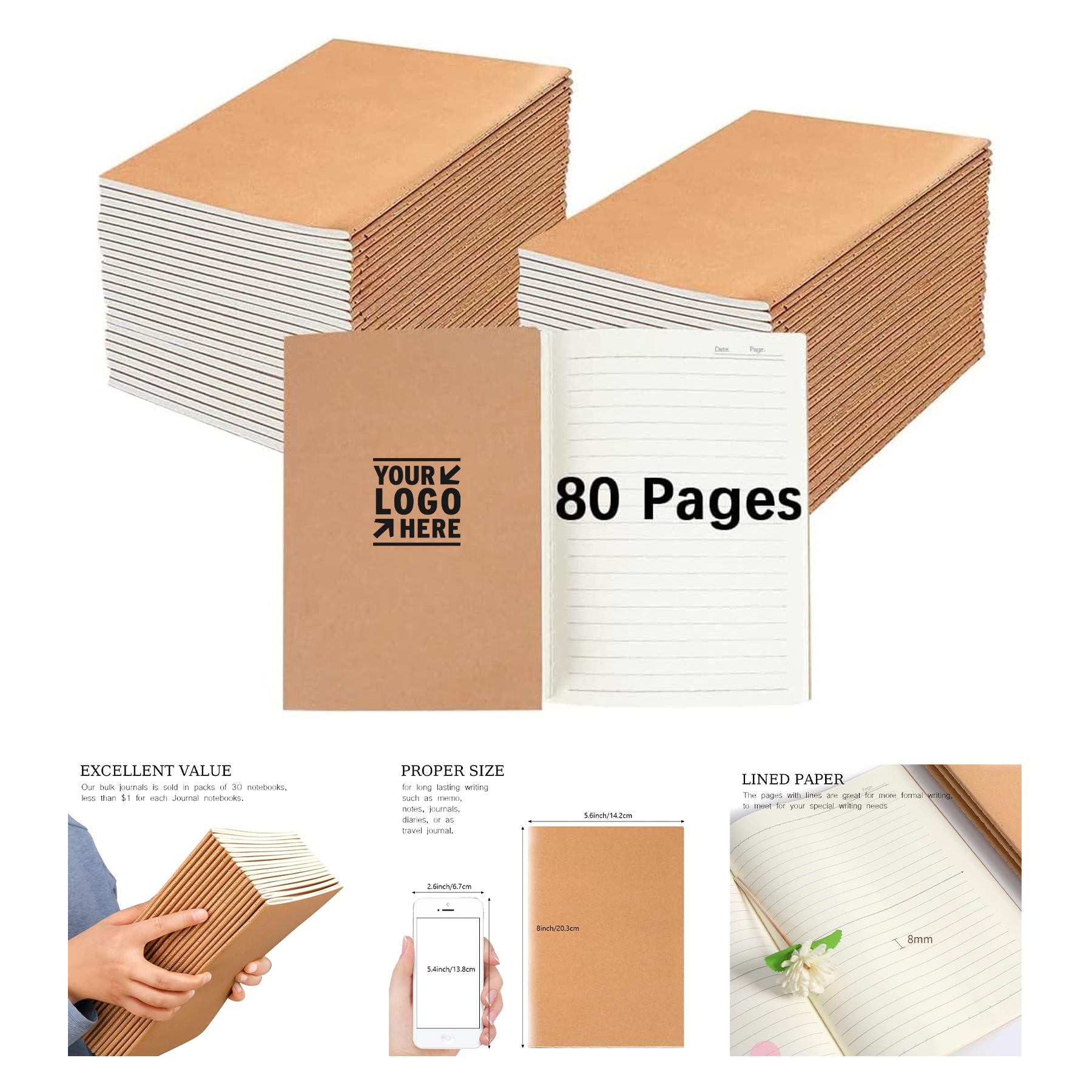 8" x 5.6" 40 Sheets Kraft Cover Lined Paper Journal
