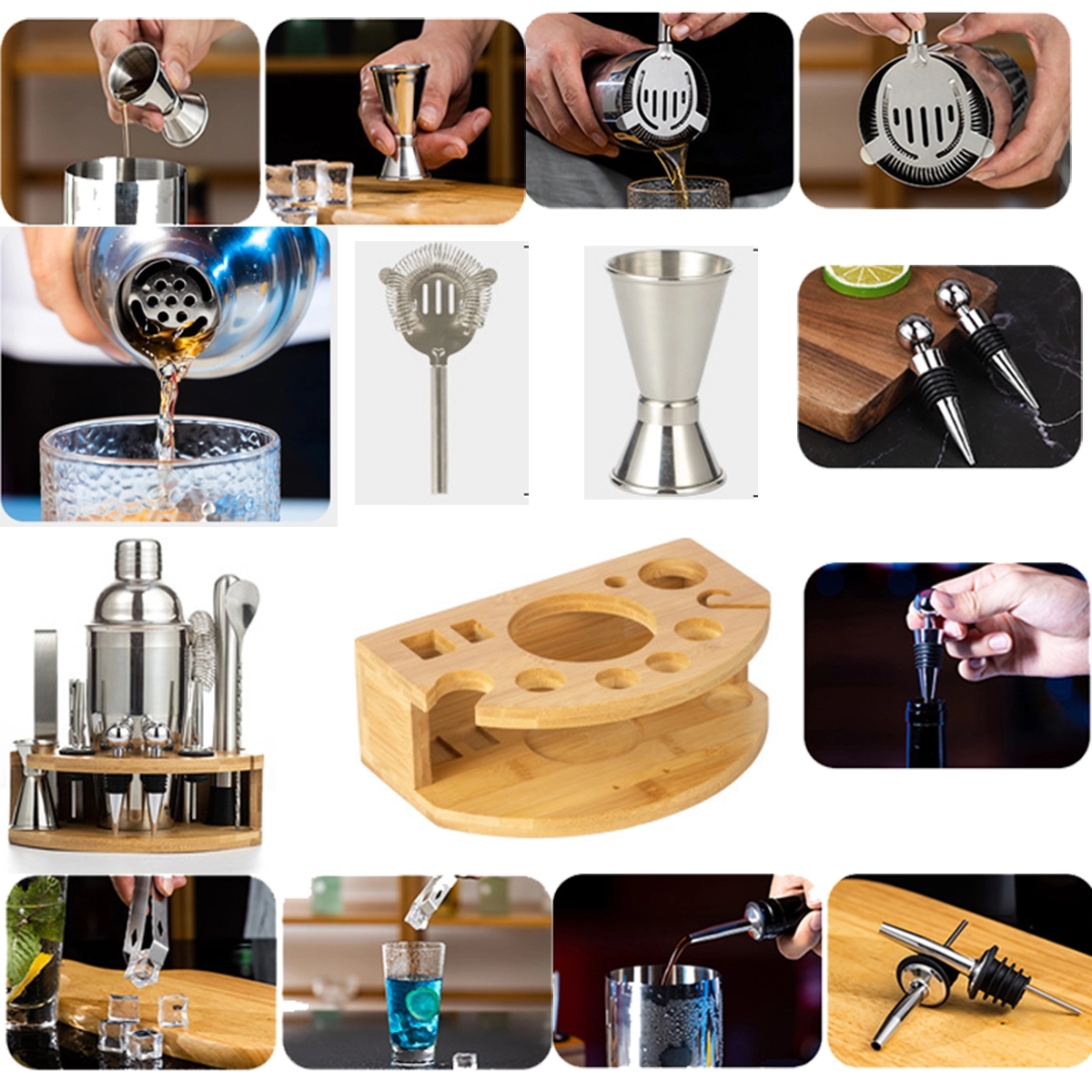 Cocktail Shaker Making Set Semicircle Eco Bamboo Stand 3