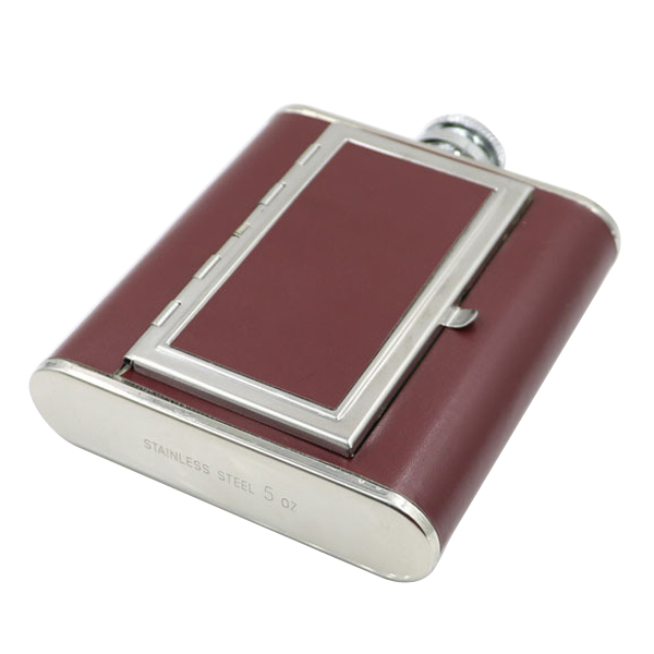 Leather Cover SS with Cigarette Case Hip Flask 5oz 3