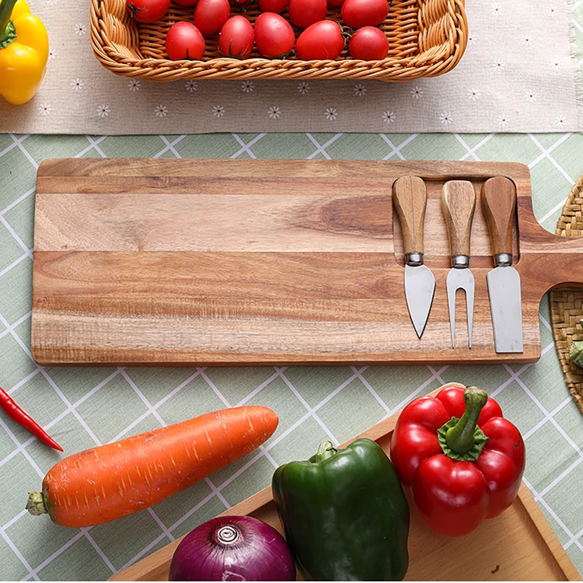 Wooden Cutting Board With Handle And Knife Set 3