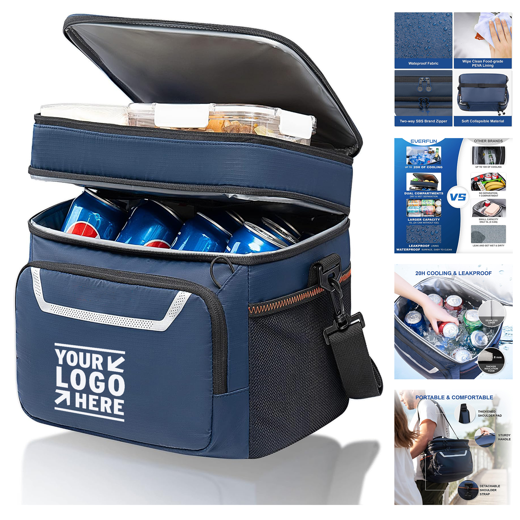 Dual Compartment Reusable Waterproof Leak-Proof Men Lunch Box 24 Can Cooler Insulated Lunch Bag