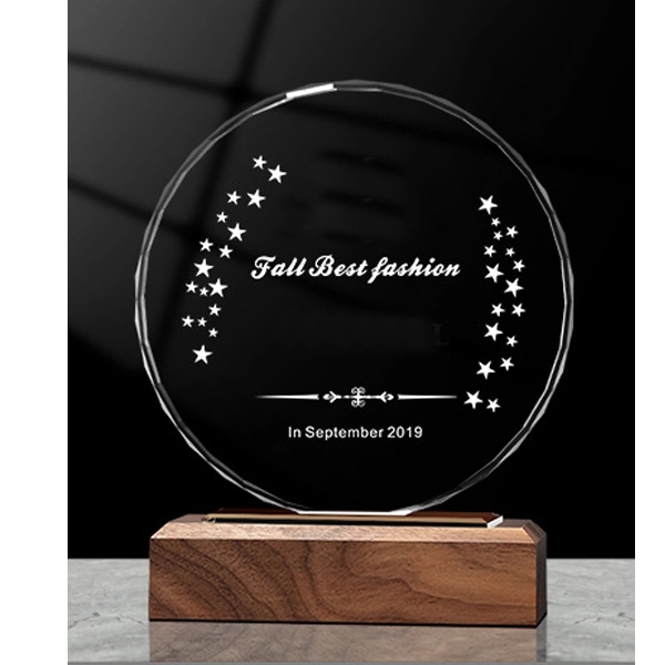 Round Faceted Crystal Award on Wood Base 3