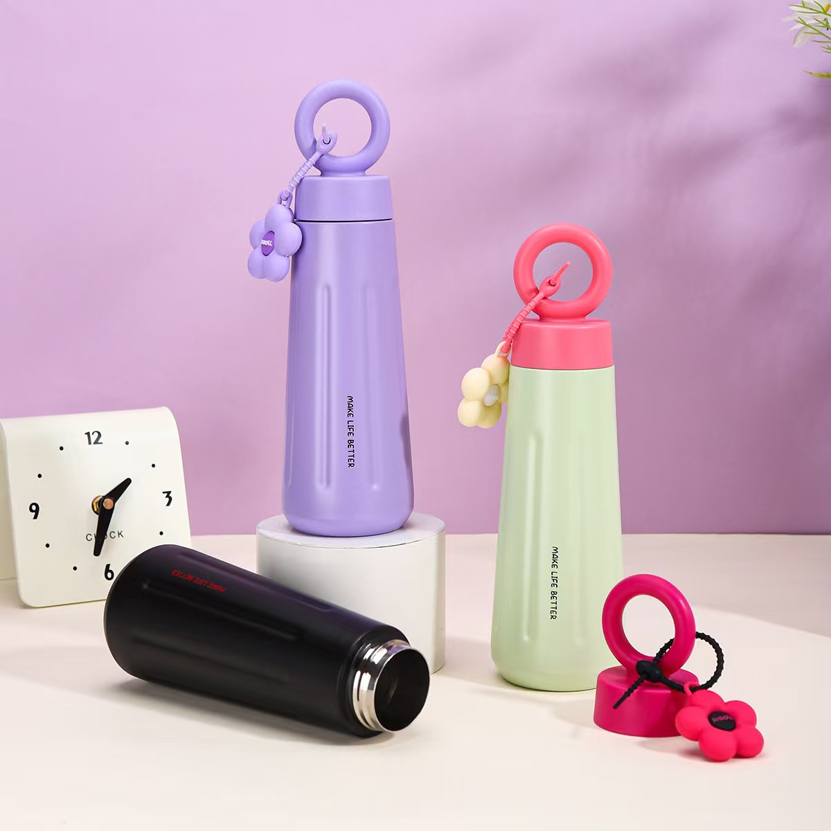 15ozStainless Steel Vacuum Insulated Water Bottle & Cup With Ring-shapedHandle And Artificial Petals 5