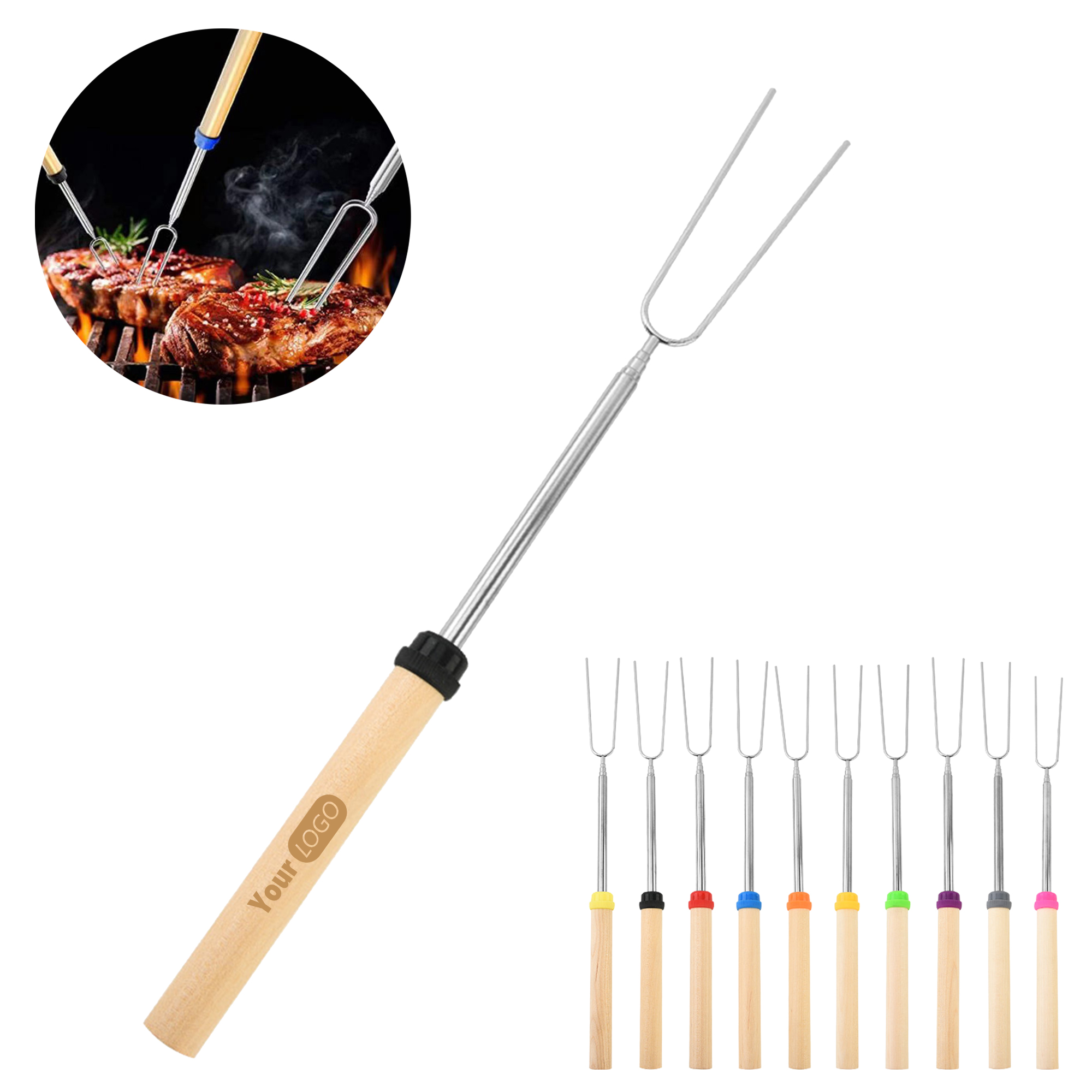 Telescopic Barbecue Skewer Fork With Wooden Handle 11