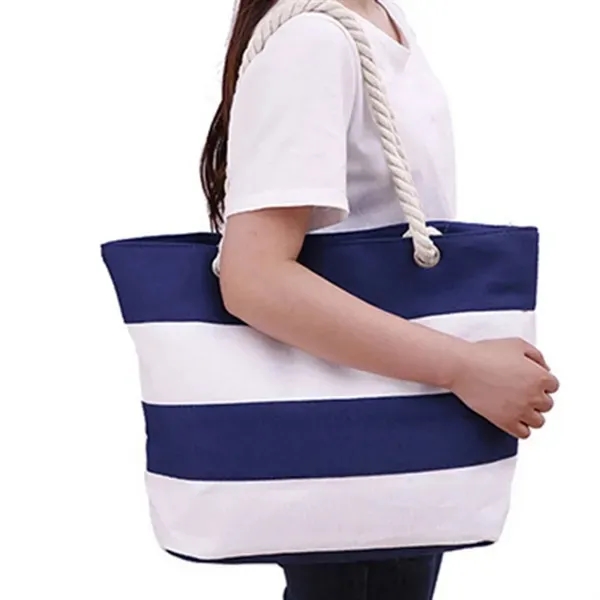 Striped Canvas Beach Tote with Large Bag and Rope Handles 3