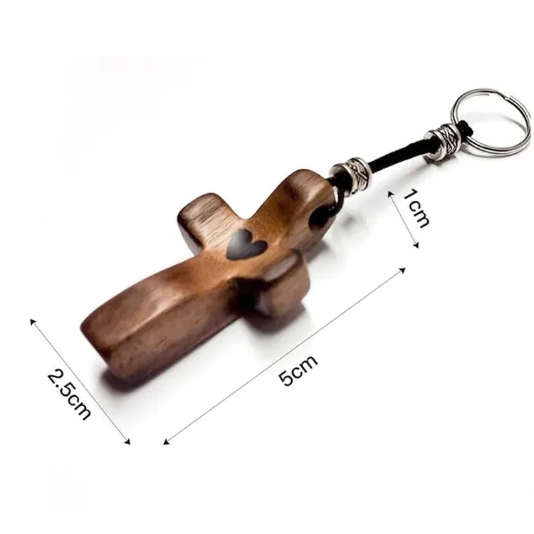 Engravable Walnut Wood Christian Prayer Cross Keychain 2