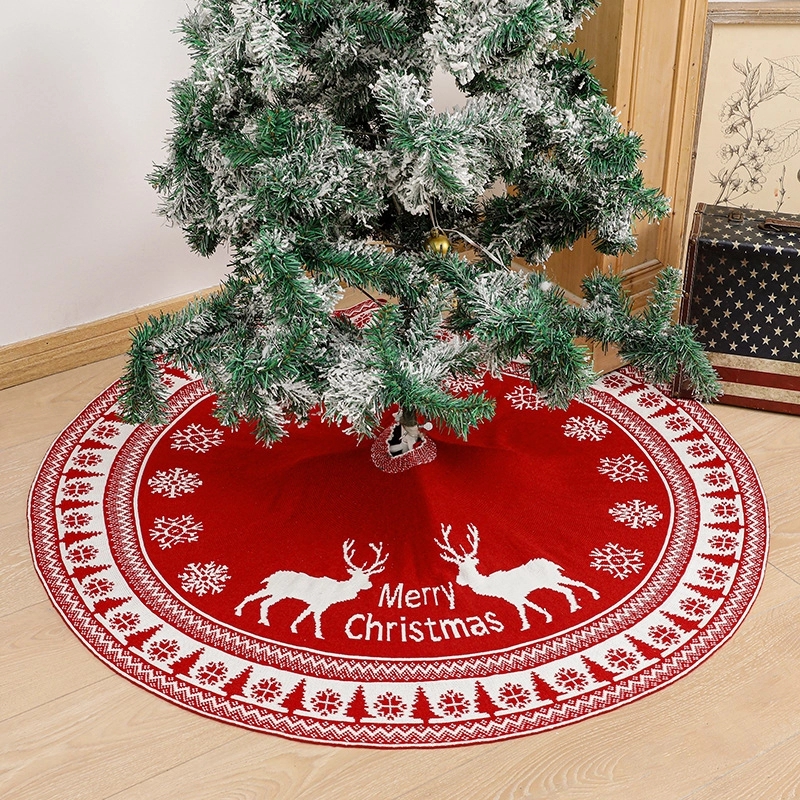 Red Knitted Christmas Tree Skirt with Snowflake & Reindeer 3