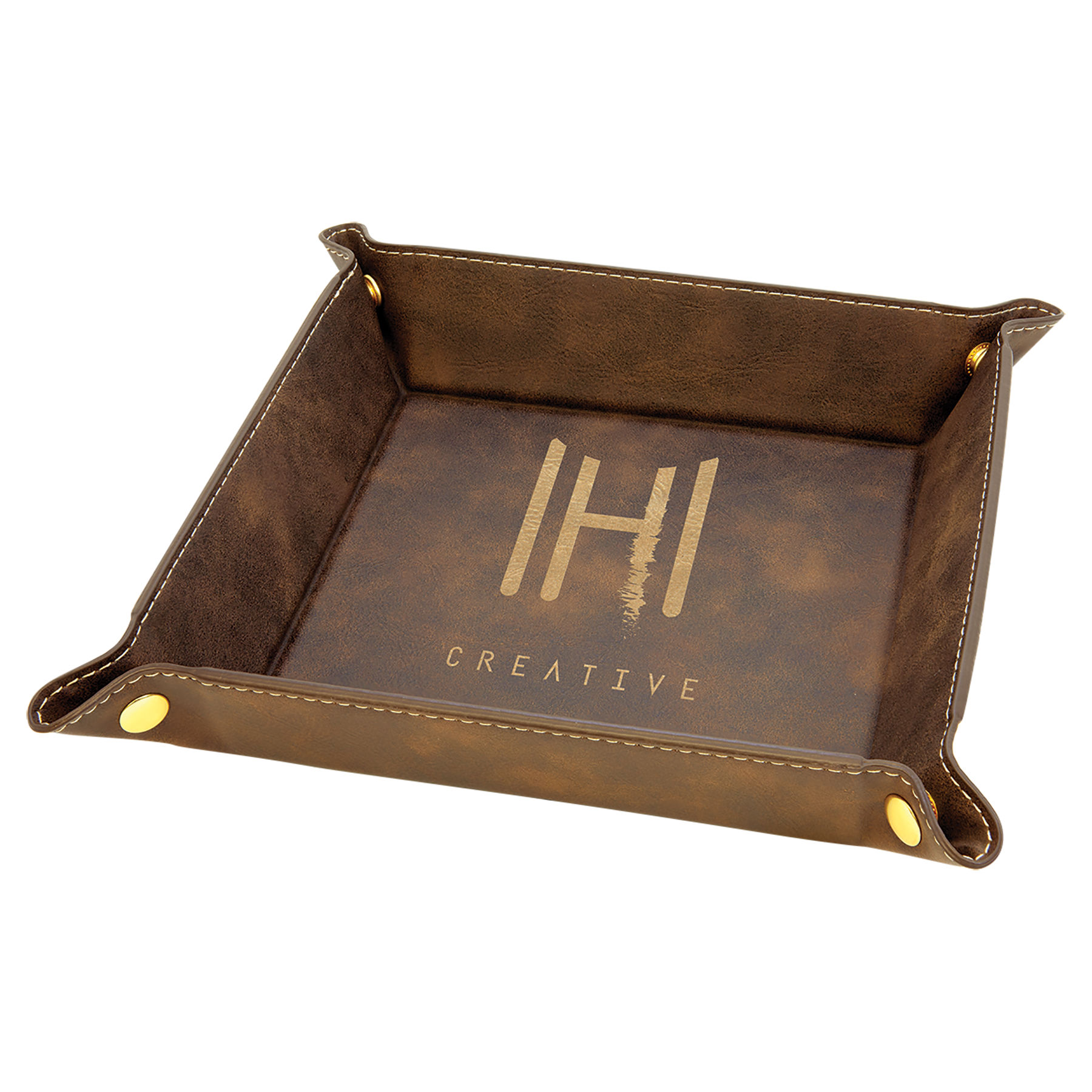 6" x 6" Rustic/Gold Leatherette Snap Up Tray with Gold Snaps 1
