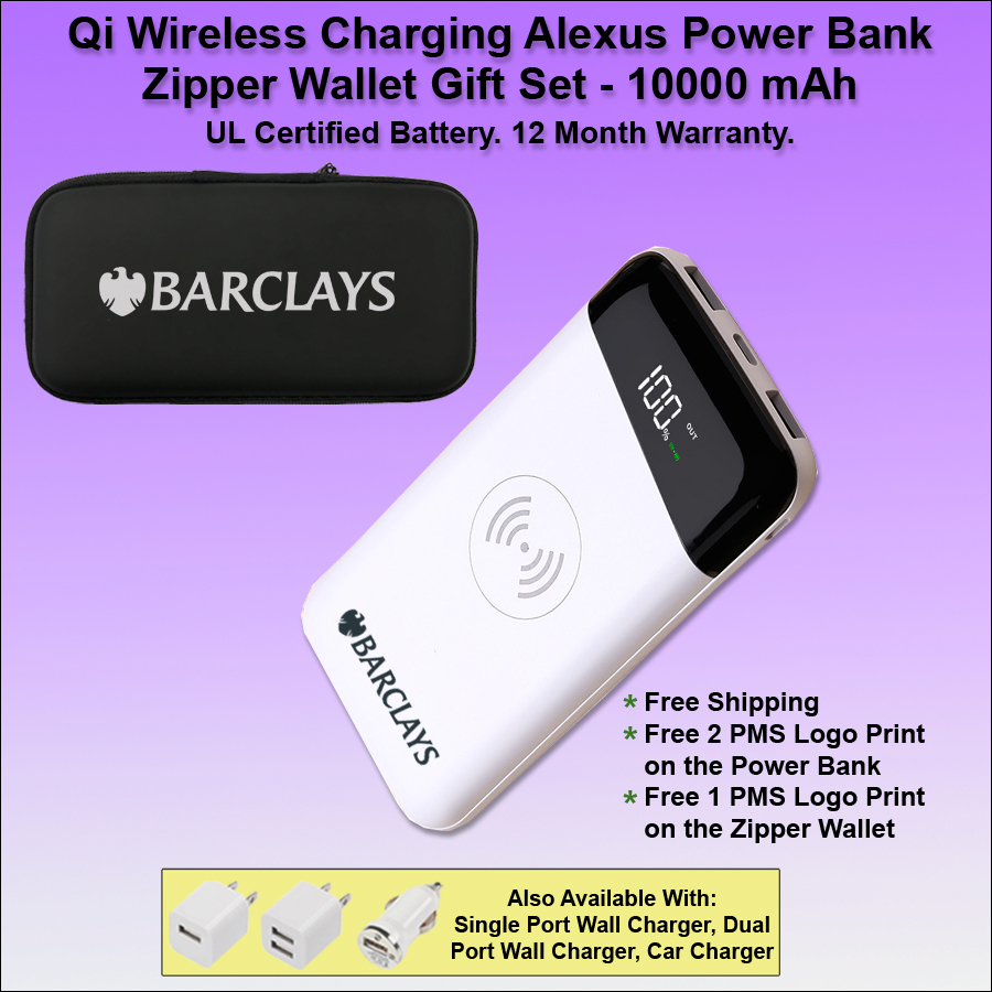 Qi Wireless Charging Alexus Power Bank Zipper Wallet Gift Set 10000 mAh - White