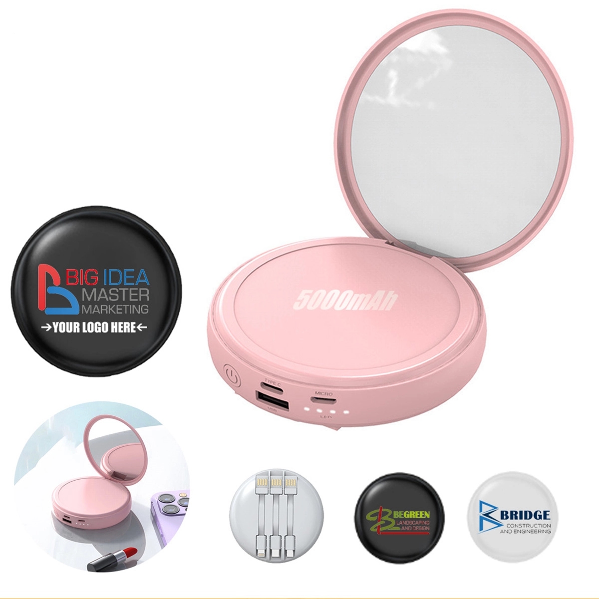 Portable Charger Mirror Power Bank 5000mah with Cables 6