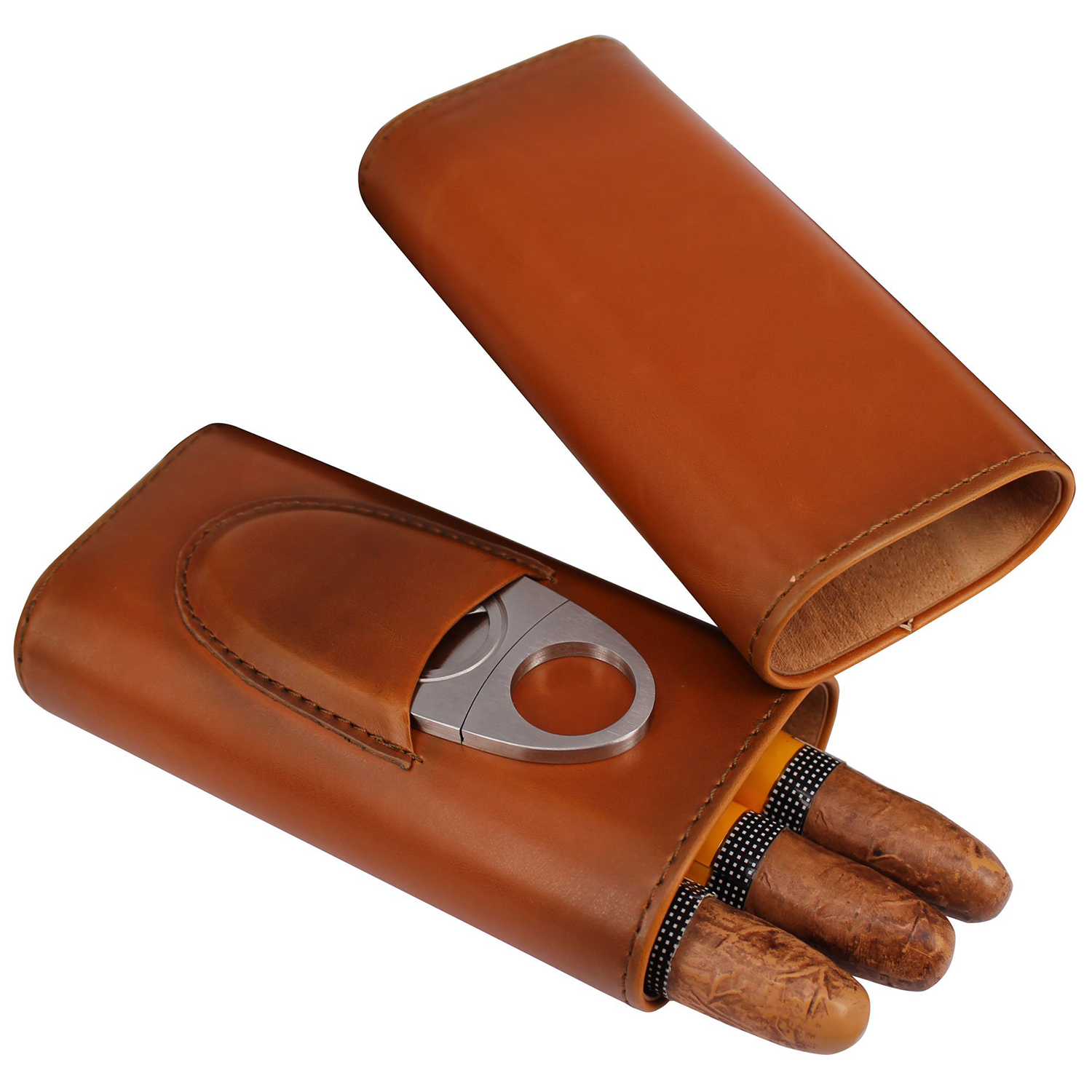 3 -Sticks Leather Cigar Travel Case With Cutter 3