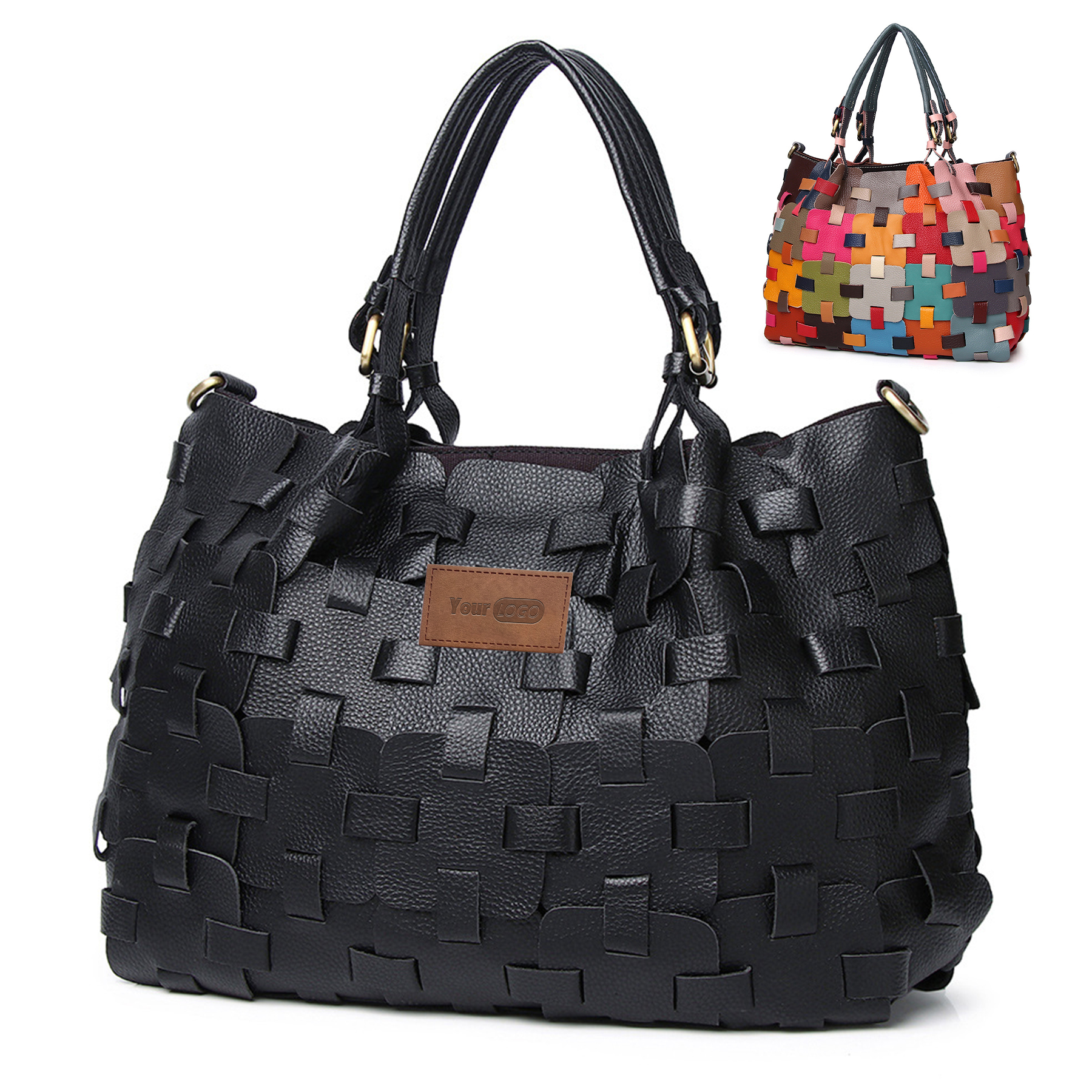 Genuine Leather Colourful square-paneled tote bag, custom tote bag with logo imprint 1