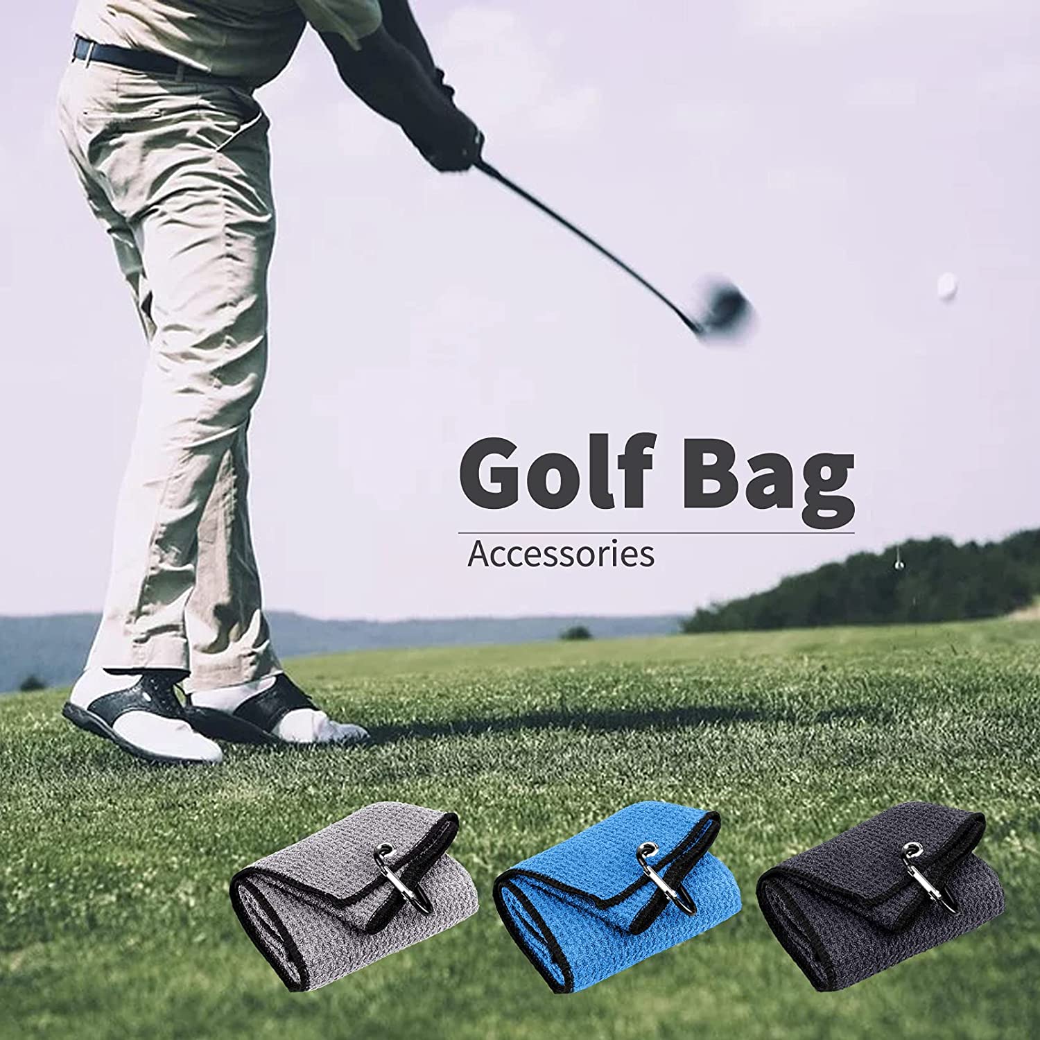 Tri-fold Premium Microfiber Fabric Golf Towel / Heavy Duty Carabiner Clip 3