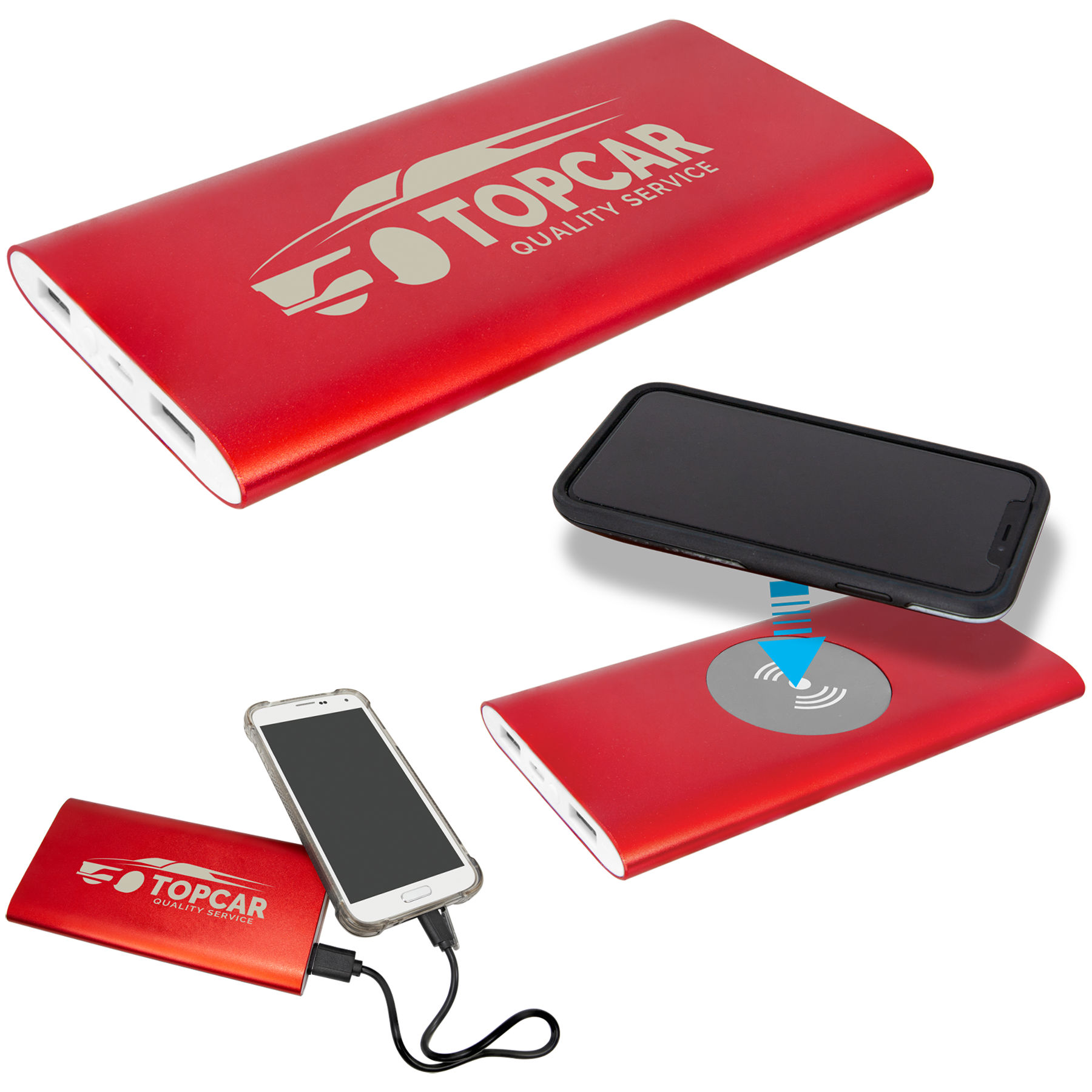 Red 8000MAH Power Bank & Wireless Anodized Aluminum Charger with Power Cord 1