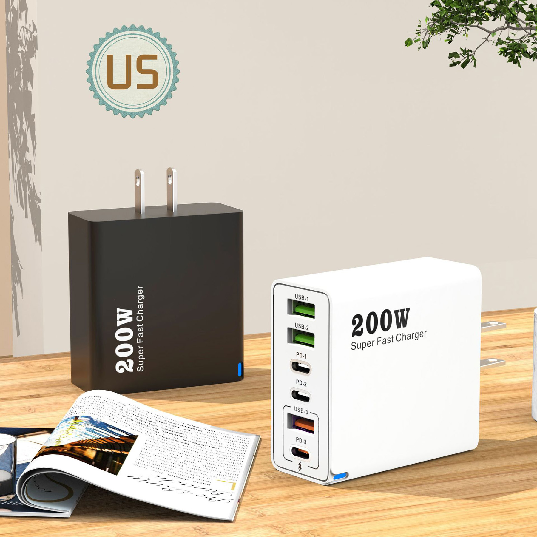 200W Multi Port Charger With 3USB 3PD 5