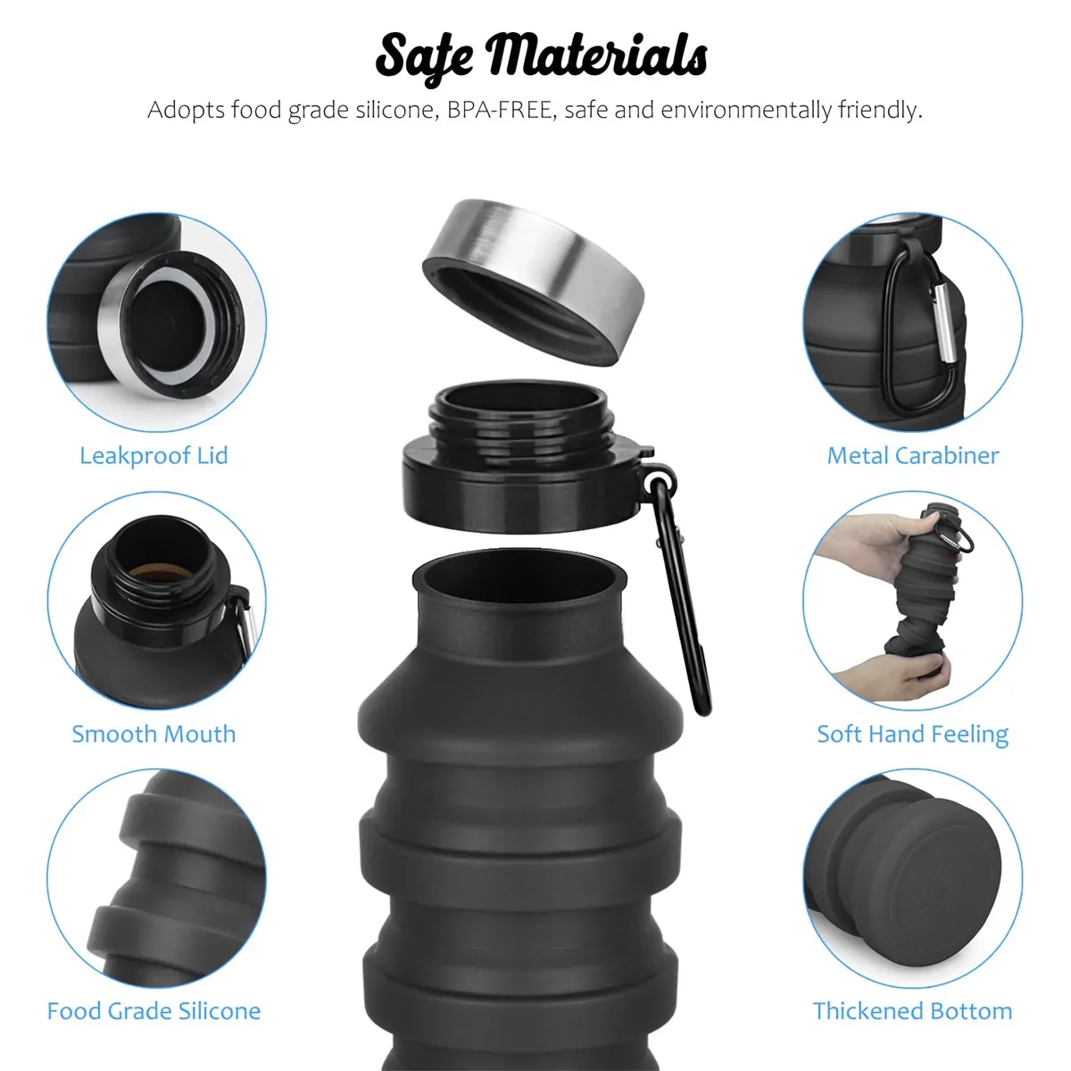 Reuseable Silicone Collapsible Water Bottle with Carabiner 6