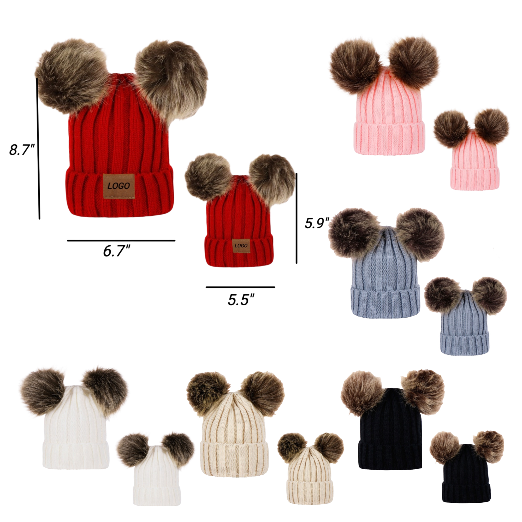 Knitted Beanie Hat With Double Pom 2