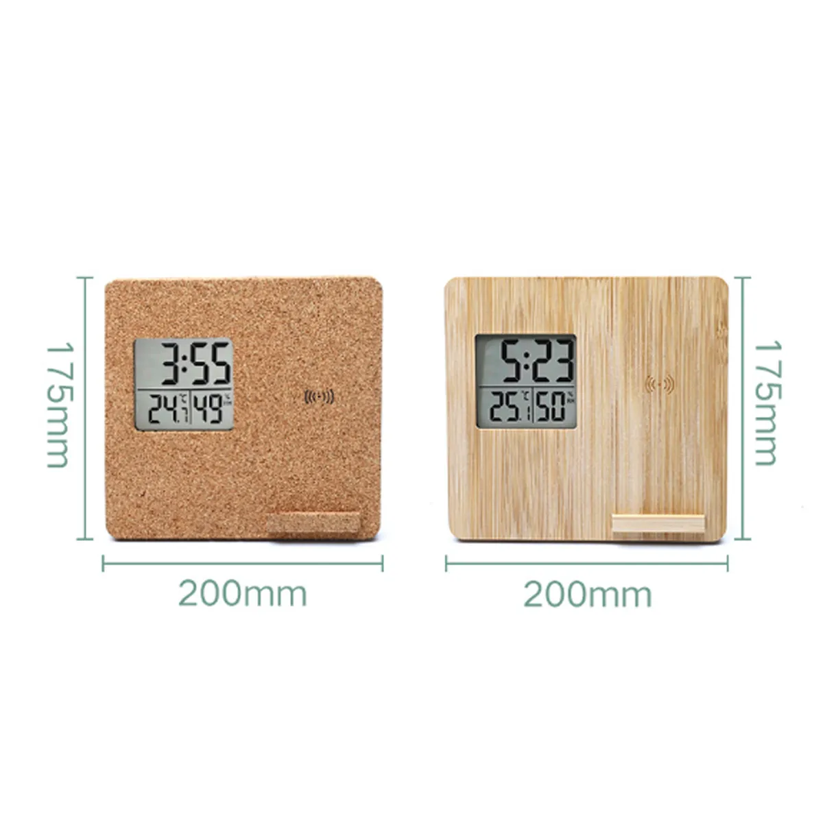 Wireless Charging Weather Temperature Humidity Bamboo Clock 3