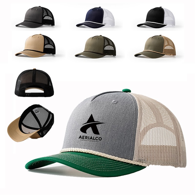 Blank 5 Panel Structured Green Cotton Trucker Hat With Rope 2